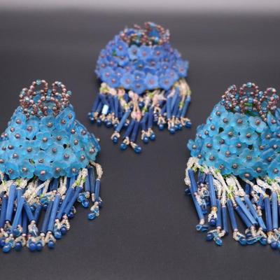 Lot of 3 Antique Czechoslovakian Blue Flower Beaded Fringe Lamp Shades