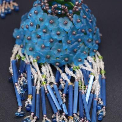 Lot of 3 Antique Czechoslovakian Blue Flower Beaded Fringe Lamp Shades