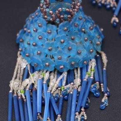 Lot of 3 Antique Czechoslovakian Blue Flower Beaded Fringe Lamp Shades