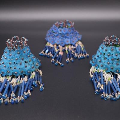 Lot of 3 Antique Czechoslovakian Blue Flower Beaded Fringe Lamp Shades