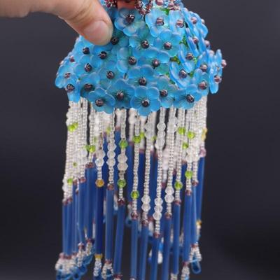 Lot of 3 Antique Czechoslovakian Blue Flower Beaded Fringe Lamp Shades