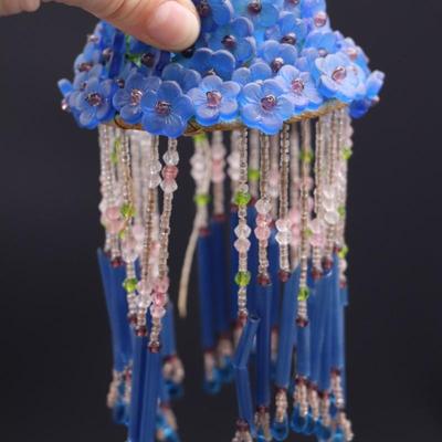 Lot of 3 Antique Czechoslovakian Blue Flower Beaded Fringe Lamp Shades