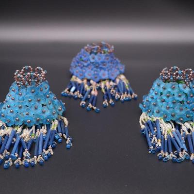 Lot of 3 Antique Czechoslovakian Blue Flower Beaded Fringe Lamp Shades
