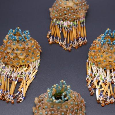 Lot of 4 Antique Czech Orange, Blue, and Clear White Fringe Beaded Bulb Cover Lamp Shades