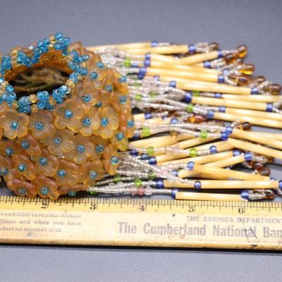 Lot of 4 Antique Czech Orange, Blue, and Clear White Fringe Beaded Bulb Cover Lamp Shades