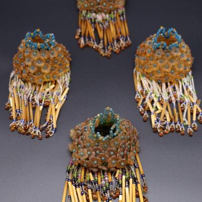 Lot of 4 Antique Czech Orange, Blue, and Clear White Fringe Beaded Bulb Cover Lamp Shades