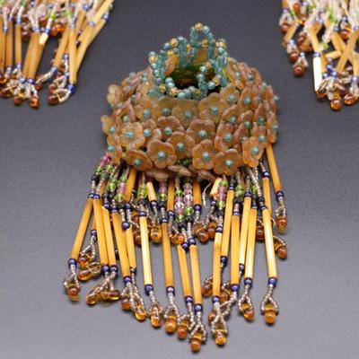 Lot of 4 Antique Czech Orange, Blue, and Clear White Fringe Beaded Bulb Cover Lamp Shades