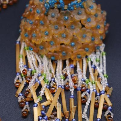 Lot of 4 Antique Czech Orange, Blue, and Clear White Fringe Beaded Bulb Cover Lamp Shades