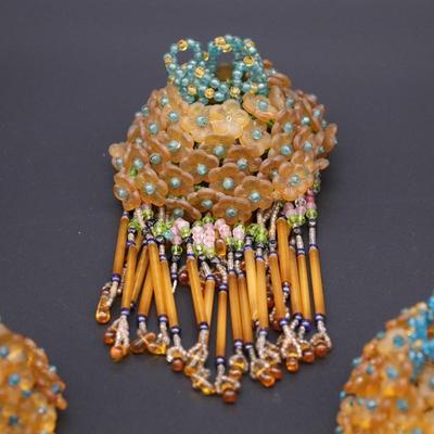 Lot of 4 Antique Czech Orange, Blue, and Clear White Fringe Beaded Bulb Cover Lamp Shades