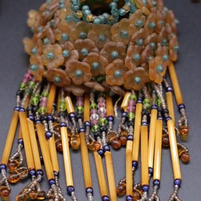 Lot of 4 Antique Czech Orange, Blue, and Clear White Fringe Beaded Bulb Cover Lamp Shades