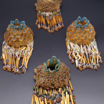 Lot of 4 Antique Czech Orange, Blue, and Clear White Fringe Beaded Bulb Cover Lamp Shades