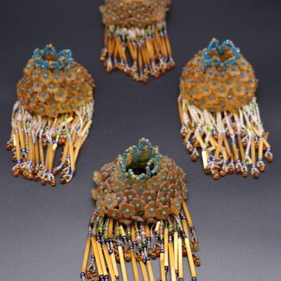 Lot of 4 Antique Czech Orange, Blue, and Clear White Fringe Beaded Bulb Cover Lamp Shades