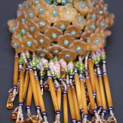 Lot of 4 Antique Czech Orange, Blue, and Clear White Fringe Beaded Bulb Cover Lamp Shades