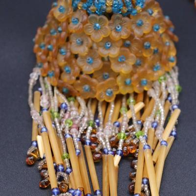 Lot of 4 Antique Czech Orange, Blue, and Clear White Fringe Beaded Bulb Cover Lamp Shades
