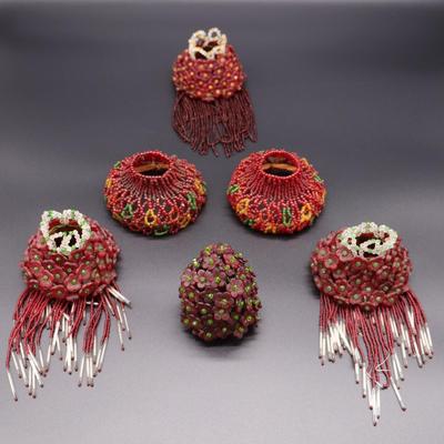 Lot of 6 Antique Red Beaded Bulb Cover Lamp Shades