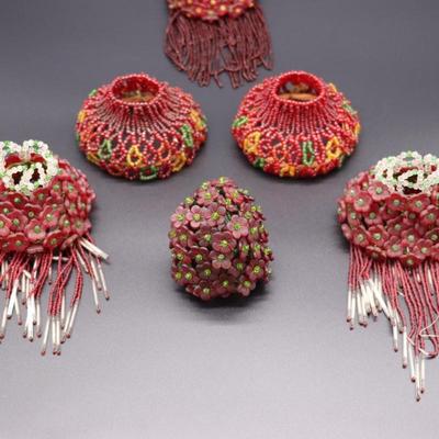 Lot of 6 Antique Red Beaded Bulb Cover Lamp Shades