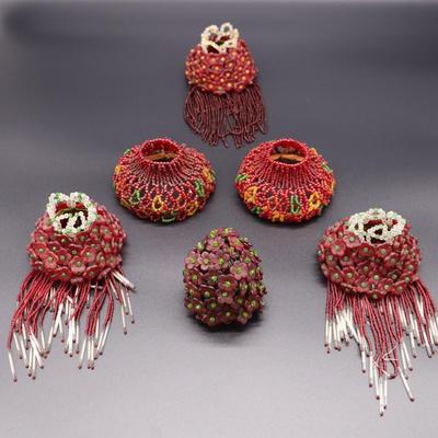 Lot of 6 Antique Red Beaded Bulb Cover Lamp Shades
