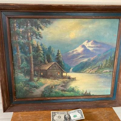 Cabin Mountain Painting in Frame