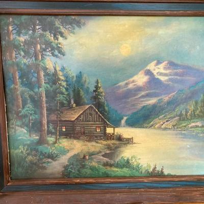 Cabin Mountain Painting in Frame