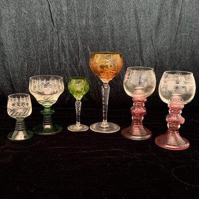 Three Sets of Small Colorful Etched Stemware (K-HS)