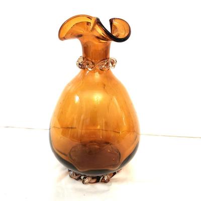 Lot #84  Amber Blown Glass Vase w/applied decoration