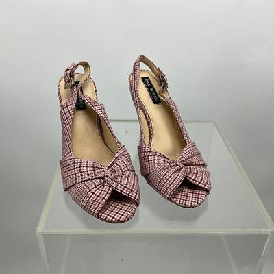 475 Isaac Mizrahi Pink Plaid Sling Back Wedge Heels