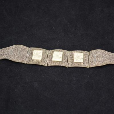 Vintage Silver-Tone SIAM Clasp Bracelet with Carved Inlay Panels 6.5"