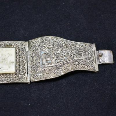 Vintage Silver-Tone SIAM Clasp Bracelet with Carved Inlay Panels 6.5"