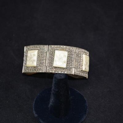 Vintage Silver-Tone SIAM Clasp Bracelet with Carved Inlay Panels 6.5"