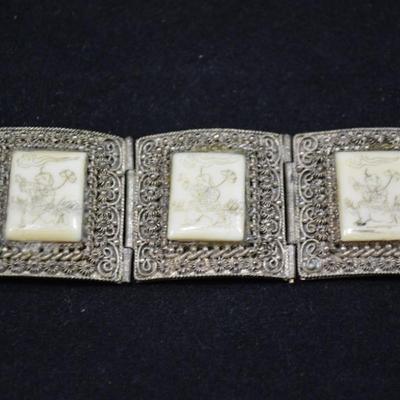 Vintage Silver-Tone SIAM Clasp Bracelet with Carved Inlay Panels 6.5"