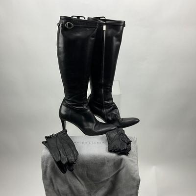 487 Ralph Lauren Black Leather Boots, Dust Bag & Gloves