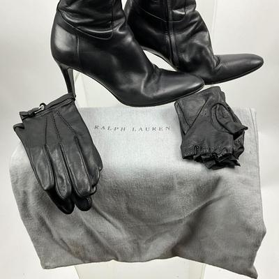 487 Ralph Lauren Black Leather Boots, Dust Bag & Gloves