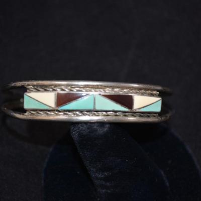 925 Sterling Cuff Bracelet with Lapis, Mother of Pearl & Coral 8" 35.9g