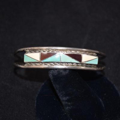925 Sterling Cuff Bracelet with Lapis, Mother of Pearl & Coral 8" 35.9g