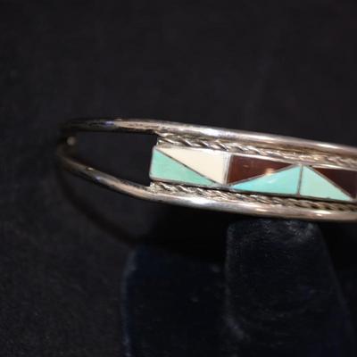 925 Sterling Cuff Bracelet with Lapis, Mother of Pearl & Coral 8" 35.9g