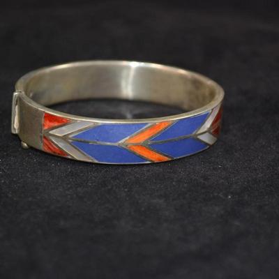 925 Sterling Cuff Bracelet with Lapis, Mother of Pearl & Coral 8" 35.9g