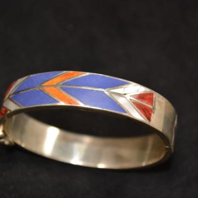 925 Sterling Cuff Bracelet with Lapis, Mother of Pearl & Coral 8" 35.9g
