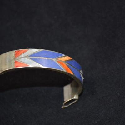 925 Sterling Cuff Bracelet with Lapis, Mother of Pearl & Coral 8" 35.9g