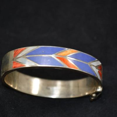 925 Sterling Cuff Bracelet with Lapis, Mother of Pearl & Coral 8" 35.9g
