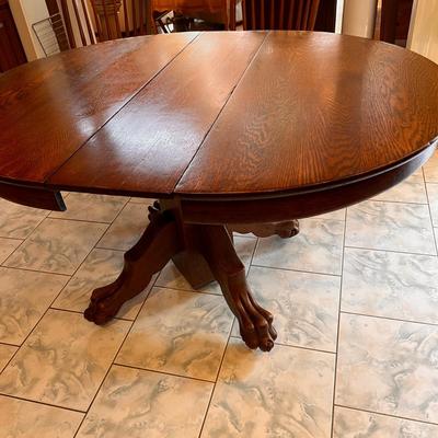 Antique Solid Oak Pedestal Table w/ 2 Leaves + 5 Windsor Chairs