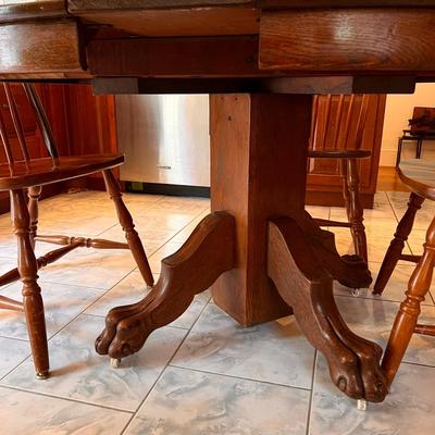 Antique Solid Oak Pedestal Table w/ 2 Leaves + 5 Windsor Chairs