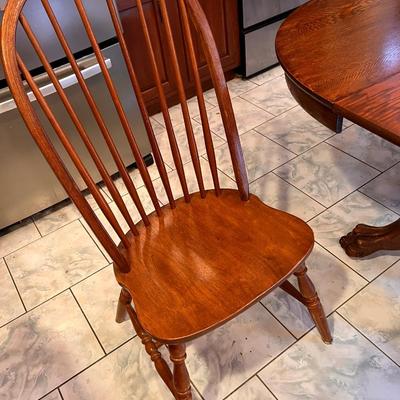 Antique Solid Oak Pedestal Table w/ 2 Leaves + 5 Windsor Chairs