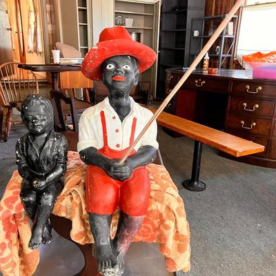 2 Antique Black Americana Fishing Boy Lawn Statues