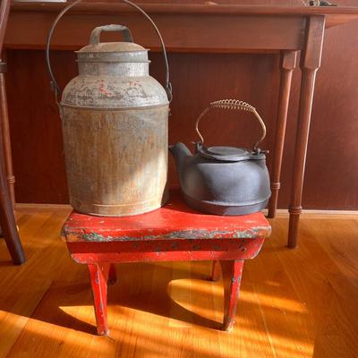 Lot Antique Rustic Decor - Milk Can, Cast Iron Kettle, Stool