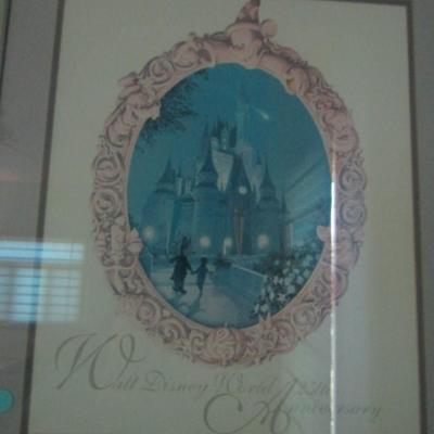 Framed Disney 25th Anniversary Commemorative Art with Guest of Honor Badges- Approx 21' X 28