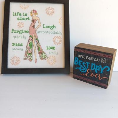 Framed cross stitch Hippie girl words of Wisdom And wooden Make every day the best day ever wall hanging.