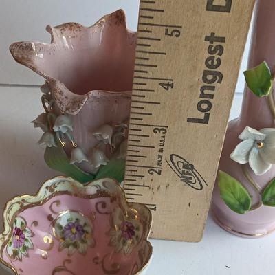 Vintage Lefton China hand painted vase with other dainty porcelain collectibles
