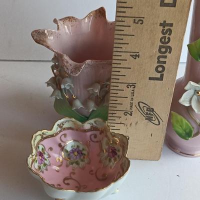 Vintage Lefton China hand painted vase with other dainty porcelain collectibles