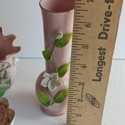 Vintage Lefton China hand painted vase with other dainty porcelain collectibles