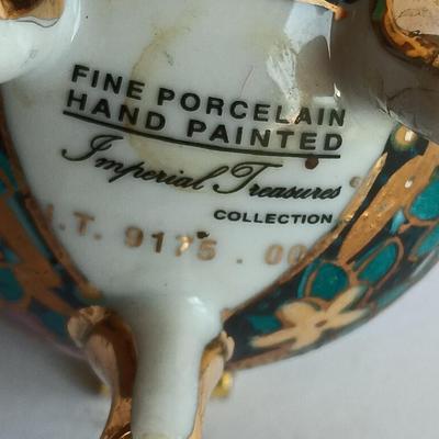 Vintage Hand fan with Fine porcelain hand painted Imperial Treasures Collection egg ring box